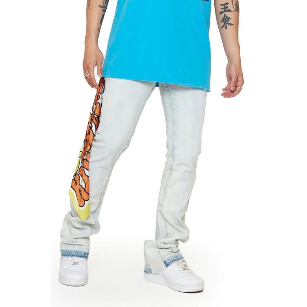 6th NBRHD NEW Mens 28 Stacked Jeans New Fields Light Wash Distressed Stretch